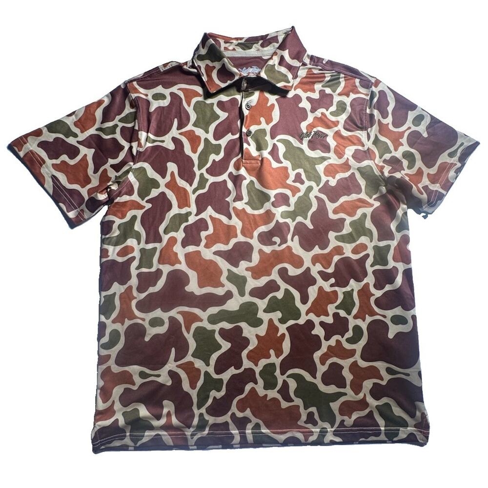 Old Row Mens Large Camo Polo Shirt Short Sleeve Brown Green Hunting Golf